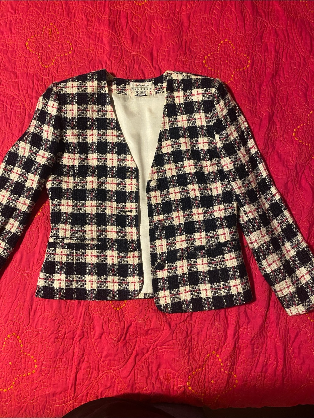 Talbots Black, White & Pink Tweed Open-Front Blazer